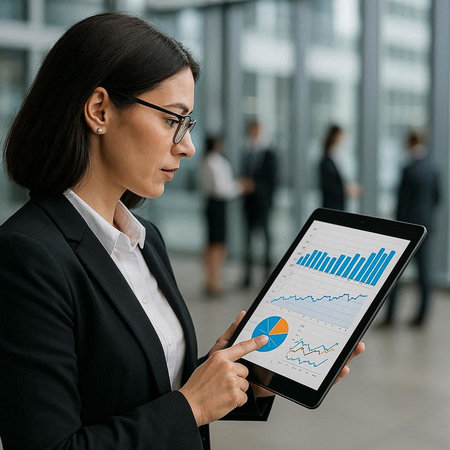 businesswoman in eyeglasses using digital tablet with graphs on screenの写真素材