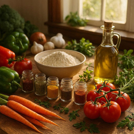 Spices, herbs and vegetables on rustic wooden table in kitchenの写真素材