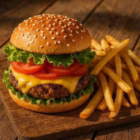 Cheese burger - American cheese burger with Golden French fries on wooden background