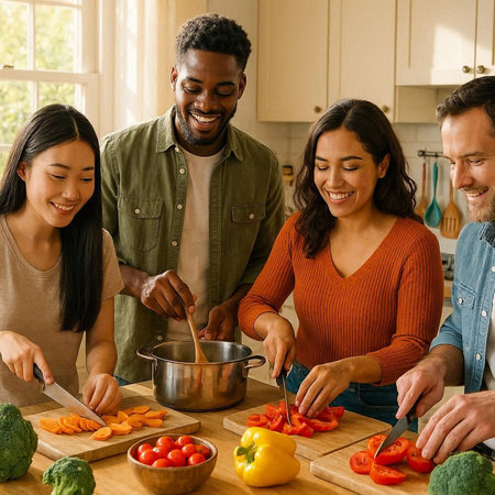 Group of multiethnic friends cooking vegetables in the kitchen at home