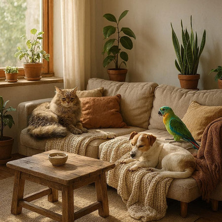 Cat, dog and a dog on the sofa in the living roomの写真素材