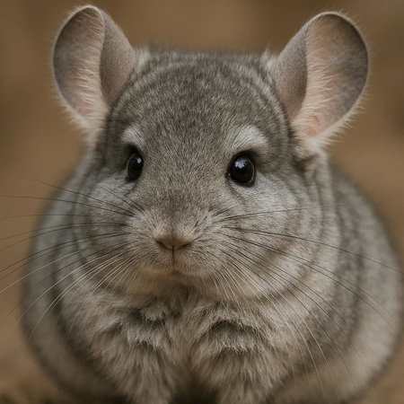 Gray chinchilla portrait on brown background. Close-up.の写真素材