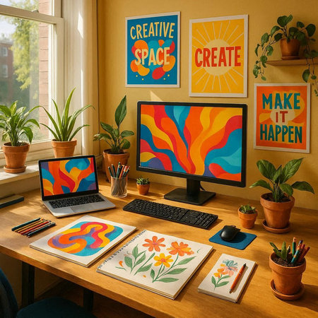 Creative designer workplace with computer and graphic design tools on wooden table in home officeの写真素材