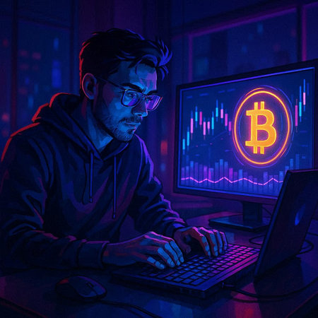 Hacker in a dark room with a computer and a bitcoin.