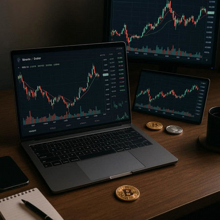 Laptop with cryptocurrency trading graph on screen. Cryptocurrency concept.の写真素材