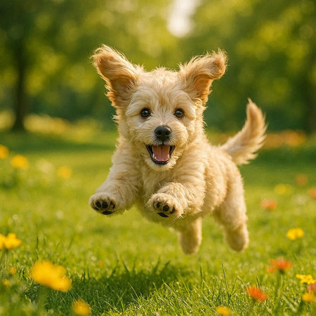Portrait of a cute little dog jumping on a green meadow