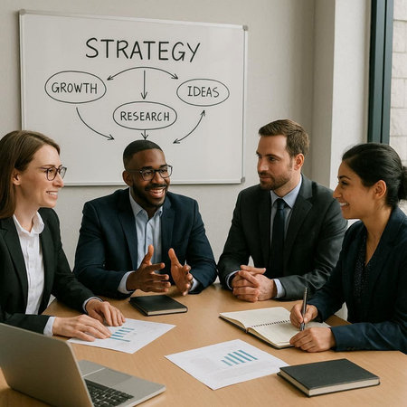 Group of multiethnic businesspeople sitting at table in office and discussing strategy