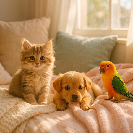Cat, dog and puppy on the bed at home. Pet care.の写真素材