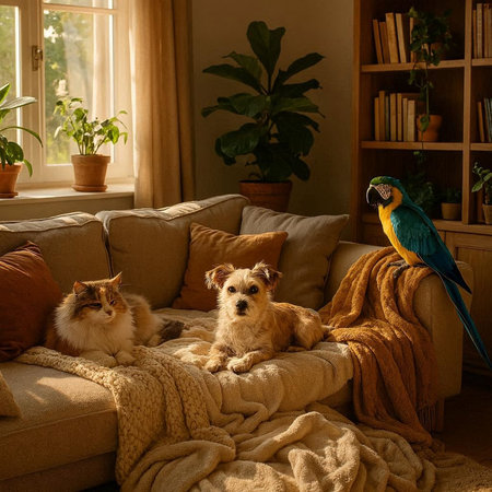 Cat, dog and dog sitting on the sofa in the living roomの写真素材
