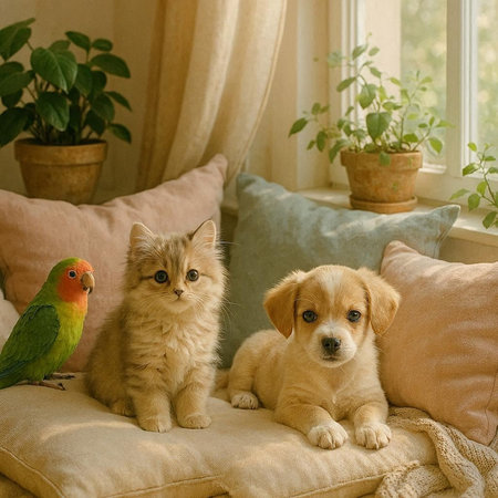 Cat, dog and parrot sitting on a sofa at home.
