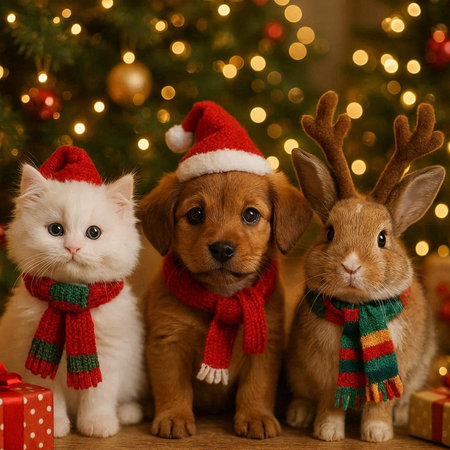 Christmas and New Year background with pets, cat, dog and deer