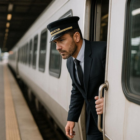 Portrait of a young man in a suit and a cap at the train station