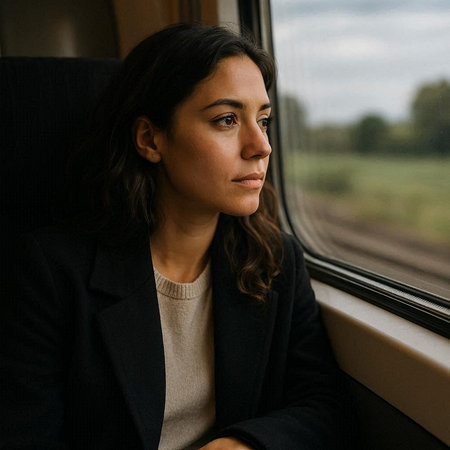 Portrait of a beautiful young woman sitting in a train and looking away