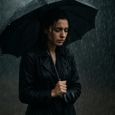Portrait of a young woman in black raincoat and umbrella.