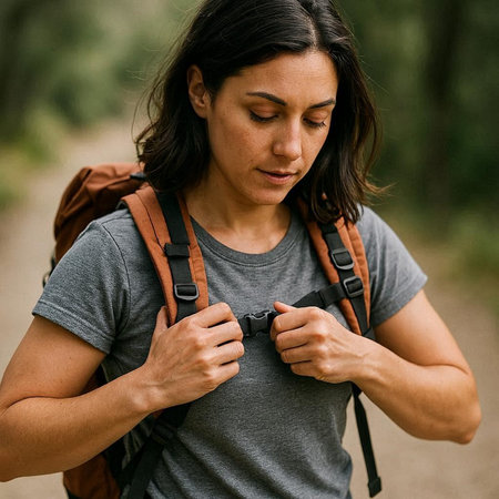 Portrait of a young woman hiking in the forest. Female hiker looking at the camera.