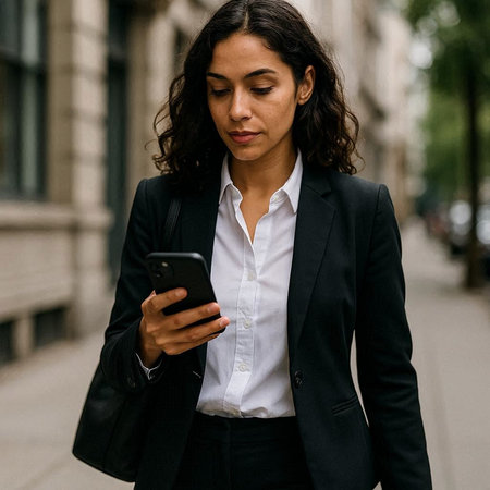 Portrait of a young business woman using mobile phone in the city