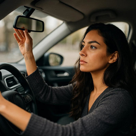 Close up portrait of a young woman driving a car and looking at the camera