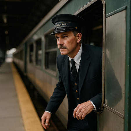 Portrait of a man in a suit and a cap on the train station