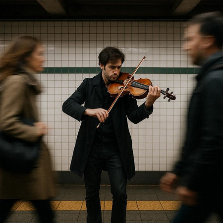 Violinist playing the violin in a subway station. Focus on the violin.