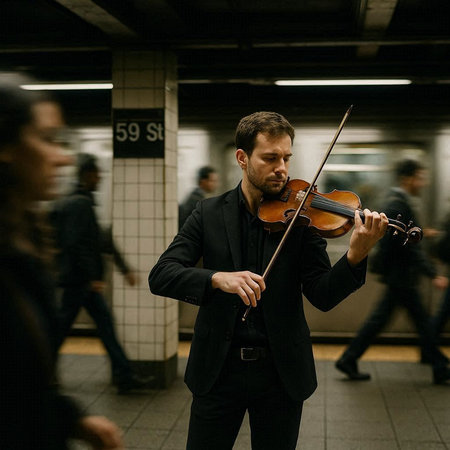 A young man in a suit playing the violin in the subway.