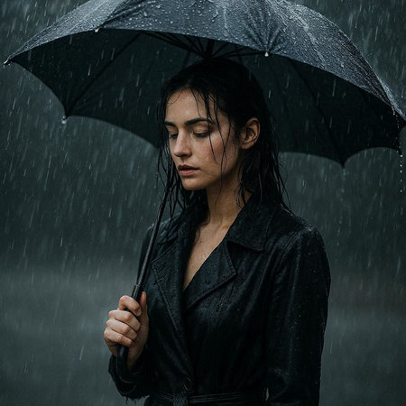 Portrait of beautiful young woman with umbrella under rain in the rain