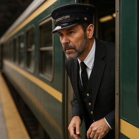 Elegant mature man in a suit and cap at the train station
