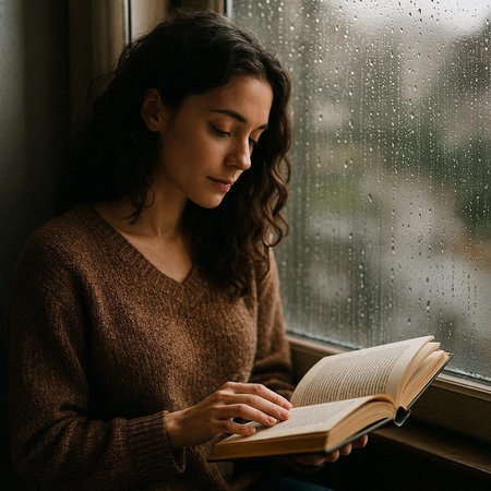 Portrait of a beautiful young woman reading a book by the window.の写真素材
