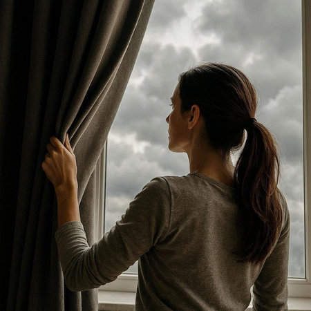 Young woman opening window curtains and looking at cloudy sky. Rear view.