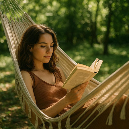 Young woman reading a book in hammock in the summer forest.の写真素材