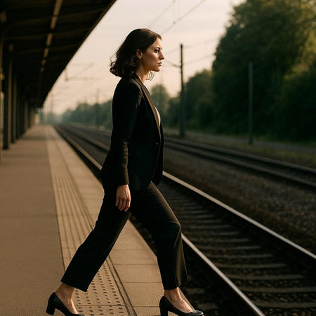 Beautiful brunette business woman in black suit walking on railroad tracksの写真素材