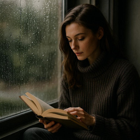 Beautiful young woman reading a book near the window in the rain