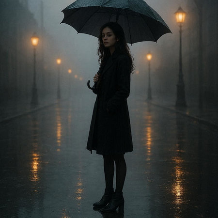 Beautiful young woman with umbrella in a foggy street at night