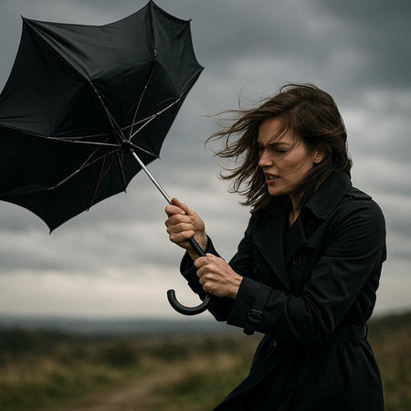 Portrait of a young woman with an umbrella on a rainy dayの写真素材