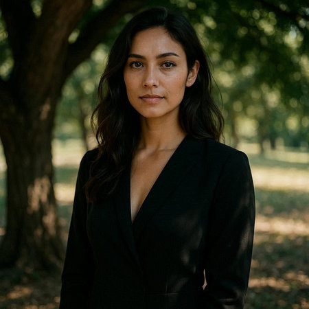 Portrait of a beautiful young brunette woman in a black suit.