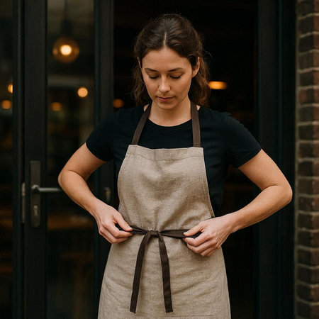 Young woman in apron puttingn while standing in cafe