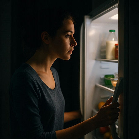 Young woman looking for food in fridge at night. Portrait of female standing near open fridge at night.の写真素材