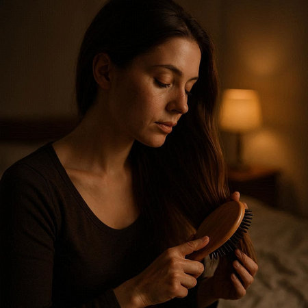 Young woman brushing her long brown hair with a wooden comb in the dark roomの写真素材