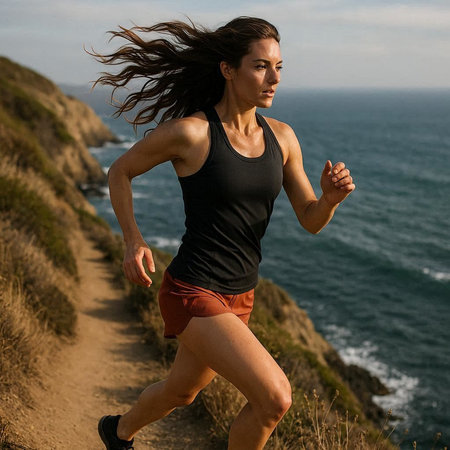 Running woman. Female athlete jogging on seaside trail. Fitness model training outdoors.