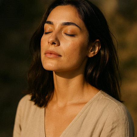 Portrait of a beautiful young brunette woman with eyes closed.