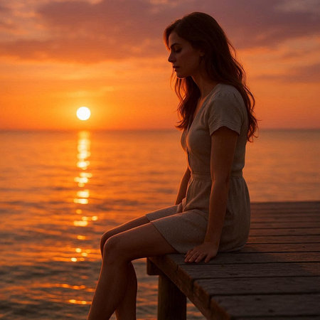 Beautiful young woman sitting on the pier and looking at the sunset