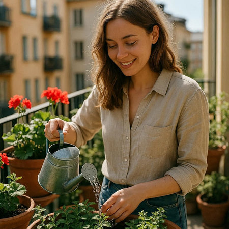 Beautiful smiling young woman watering plants on terrace at home.の写真素材