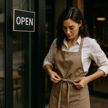Portrait of a young brunette woman in apron opening a cafe door.