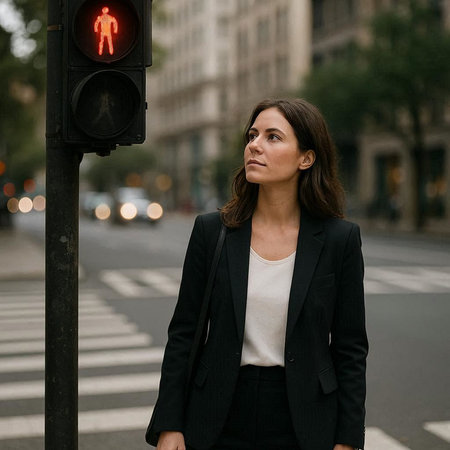 Young businesswoman standing on a crosswalk and waiting for the traffic light
