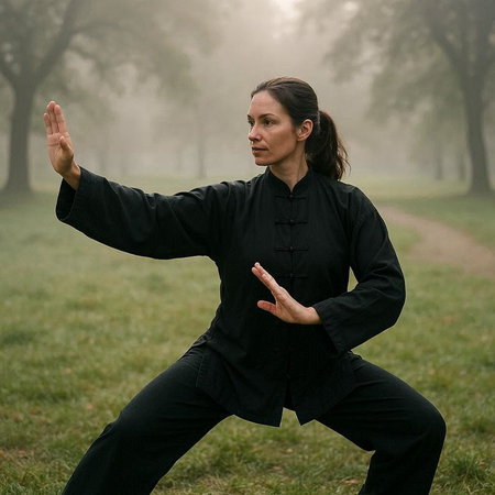 Young woman practicing thai chi in a park during a foggy morning.の写真素材