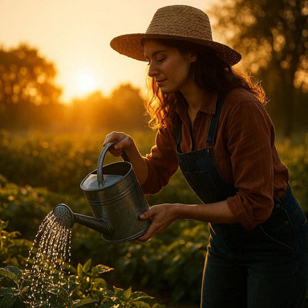 Beautiful young woman watering plants in the field at sunset. Female farmer working in the field.