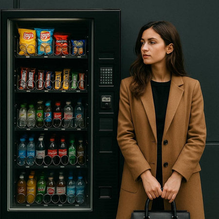 attractive young woman in trench coat standing near vending machine with beverages