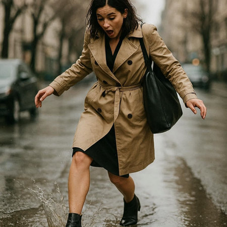 beautiful young woman in trench coat walking in the rain on the street
