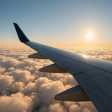 Wing of an airplane flying above the clouds at sunset. 3d renderの写真素材