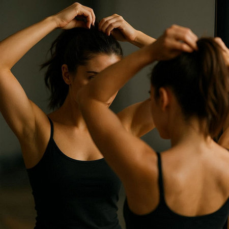 Beautiful young woman doing morning exercises in front of the mirror.