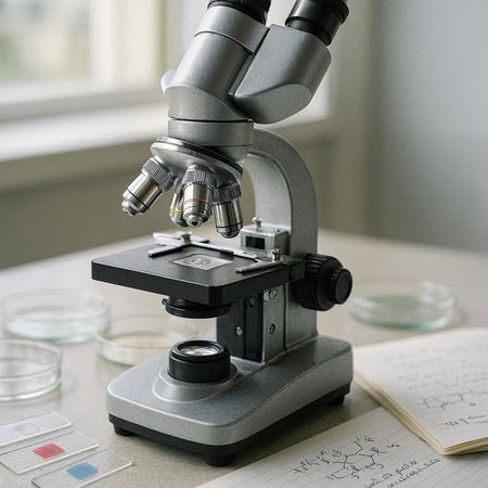 Microscope on the table in the laboratory. Biochemistry, microbiology and medicine concept